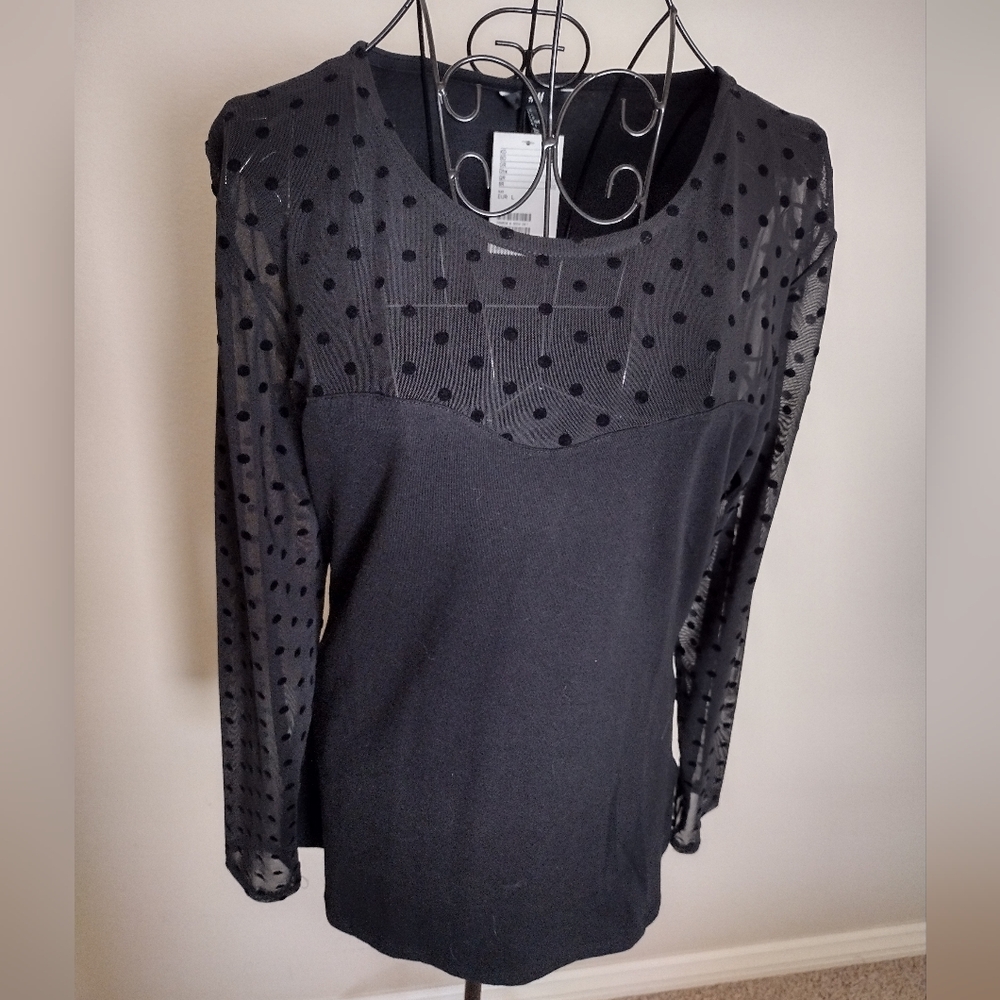 Elegant Black Top H&M Sheer Polka Dot Sweetheart Neck and Sleeves NWT Size L